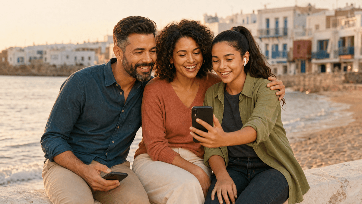 Une famille regarde son téléphone au bord de la mer